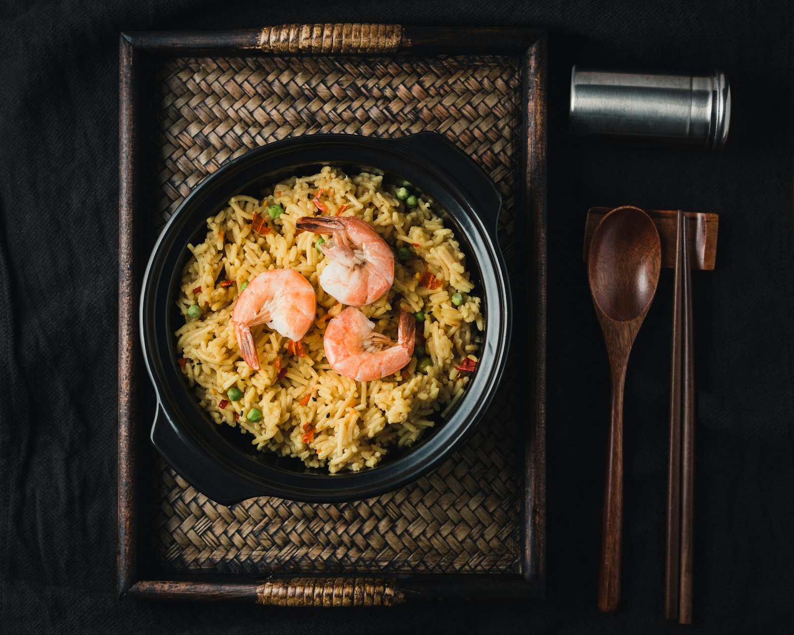 Prawn fried rice in a dark bowl